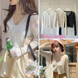 Áo khoác len nữ , áo khoác nữ cardigan dệt kim mỏng thoáng khí tay dài chống nắng dáng croptop 1 cúc phong cách Hàn quốc