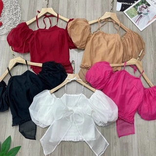 Áo Von Croptop Cổ Vuông Dây Đeo Ngắn Tay Phồng Kèm Nơ Bự Trước Ngực Đáng Yêu TTSLA0865