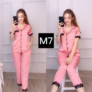 Set Đồ Bộ Ngủ Nữ Pijama Phi Lụa Phối Ren Tay Ngắn Quần Dài Siêu Sang_ Kèm Hình Thật