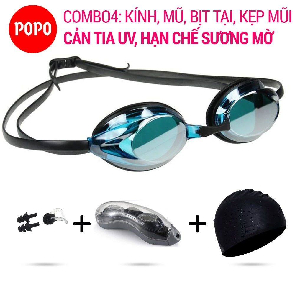 Bộ kính bơi chuyên nghiệp cho người lớn POPO 1154 kèm mũ bơi, bịt tai kẹp mũ, chống tia UV chống lóa