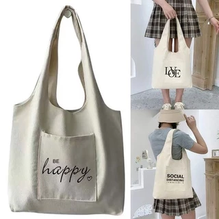 Túi tote vải canvas nữ đựng vừa laptop cỡ lớn đeo vai phong cách Nhật Bản