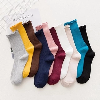 Pile of socks women cotton wood ear lace solid color college style Japanese all-match long women's tube socks