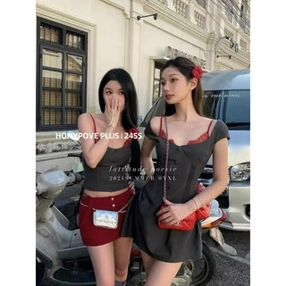 honypove Ren Khâu Camisole Nữ Mùa Hè Slim fit Bên Trong Màu Sắc Tương Phản Không Tay Ngắn Mặc Ngoài