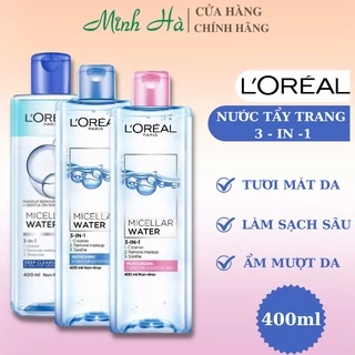 Nước tẩy trang Loreal Paris Micellar Water 3-in-1 400ml đa năng làm sạch vùng mắt môi mặt