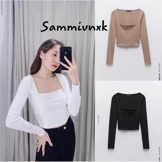 A03-Áo thun zip cổ vuông dài tay nữ Sammivnxk🌸Áo croptop tay dài cổ vuông dáng ôm bassic🌸[free ship]