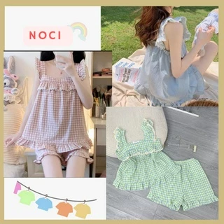 Bộ Mặc Nhà 2 Dây Cánh Tiên Dáng Baby Chất Liệu Xốp Bèo Kẻ Ren Dễ Thương Freesize