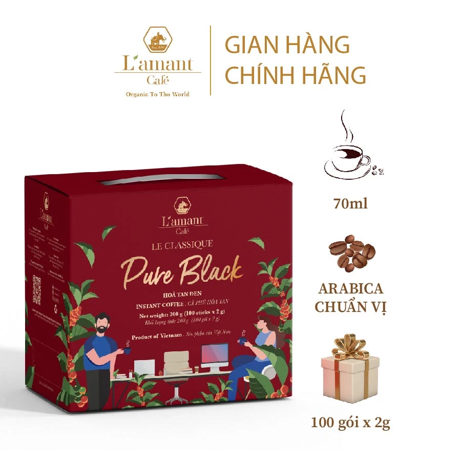 Cà phê hòa tan L’amant Pure Black - L’amant Pure Black Instant Coffee (Hộp 100 gói x 2gr)