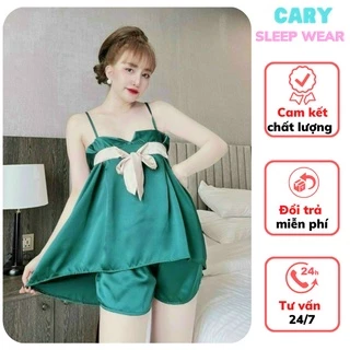 Đồ bộ đùi nữ mặc nhà, bộ ngủ dễ thương hai dây chất lụa satin cao cấp CARY