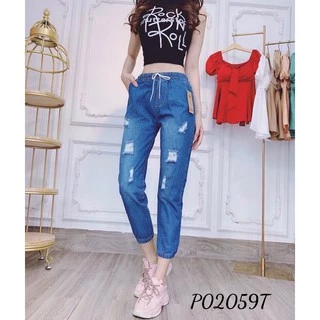 Quần Baggy Jean Nữ Lưng Thun Mẫu Rách Lai Bo Chun