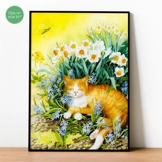 ✅Tranh tô màu theo số - Mèo bên hoa đã căng khung 40x50cm 31 màu