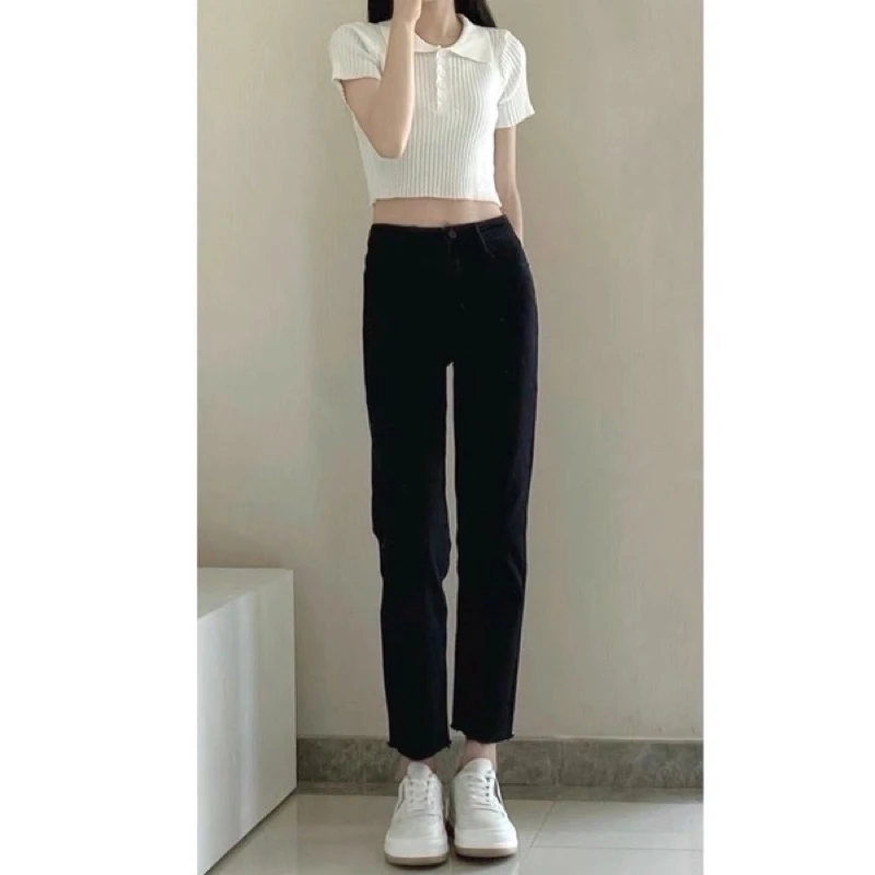 Quần jeans đen trơn phom basic ống đứng cạp cao hack chân cực thon dài