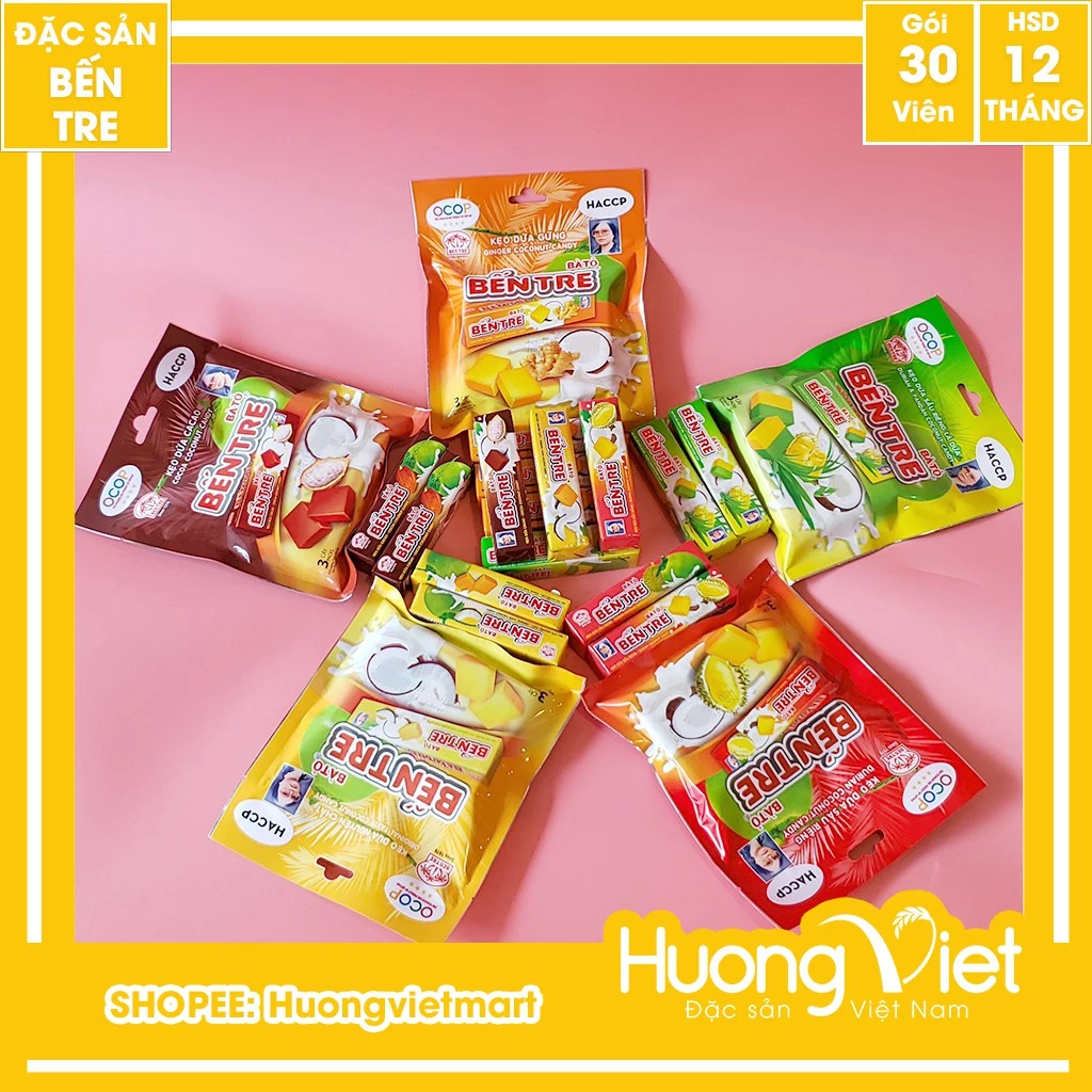 Kẹo dừa Bến Tre Hai Tỏ gia truyền gồm nhiều vị lá dứa, sầu riêng, sữa béo, nguyên chất, ca cao túi 150g