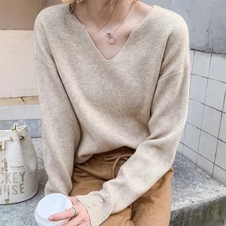 Áo sweater cổ chữ V mềm mại thiết kế dáng rộng phong cách Hàn Quốc thời trang thu đông cho nữ