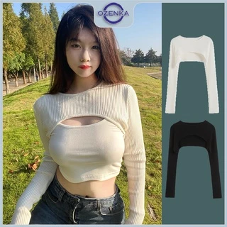 Áo croptop ngắn tay dài kiểu nữ OZENKA , áo dệt kim mặc kèm sang chảnh gợi cảm vải gân cotton 100% màu đen trắng