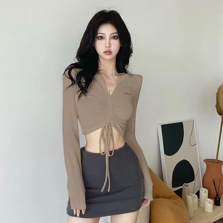 Kliou Phong Cách Hàn Quốc Thời Trang Màu Trơn Cơ Bản Dài Tay Cổ Chữ V Dây Rút Băng Áo Thun Mỏng Áo Crop Top Nữ