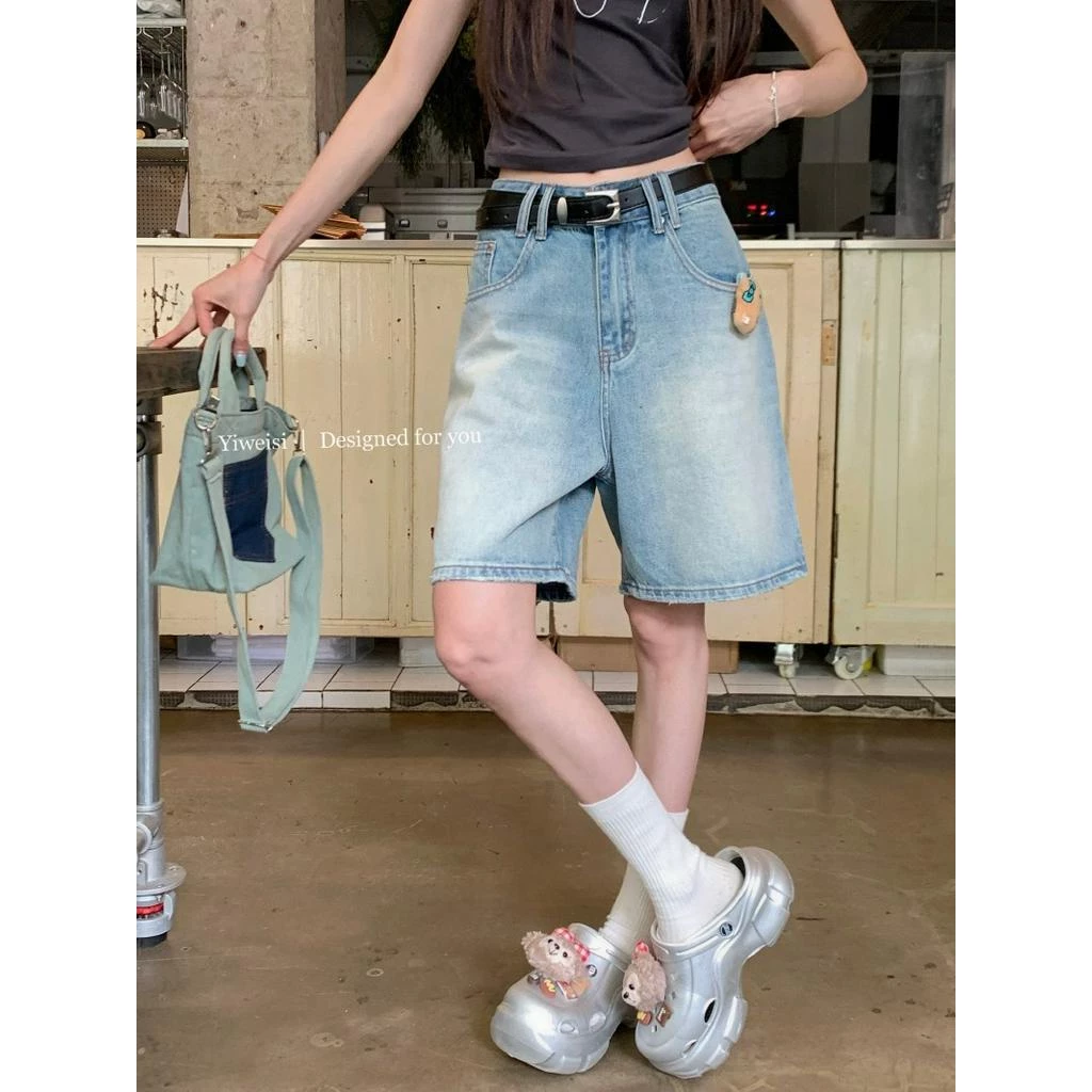 72787 Quần short Denim ống rộng cạp cao Quần năm điểm