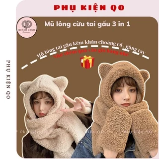 Mũ lông tai gấu kèm khăn quàng cổ và găng tay siêu ấm áp ulzzang Hàn Quốc -Phụ kiện QO KH16