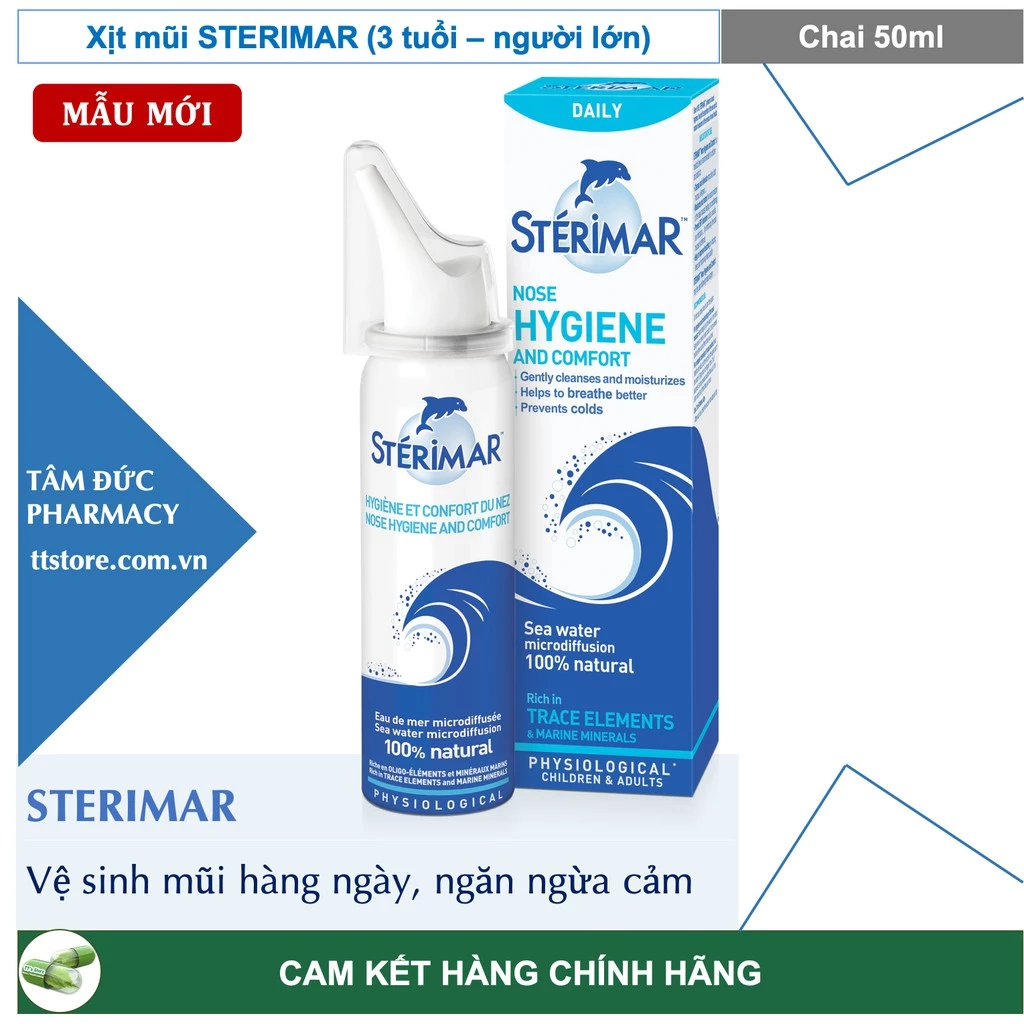 Nước biển xịt mũi STERIMAR [chai 50ml] - Dùng cho trẻ từ 3 tuổi - người lớn (sterima / xịt mũi cá heo)