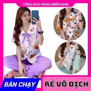 Đồ bộ nữ mặc nhà cổ bèo thắt nơ tiểu thư chất kate mềm in bò sữa in hình hoạt hình dễ thương DBKIHTN tổng hợp