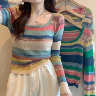 SUXI Áo Sweater Dệt Kim Tay Dài Cổ Vuông Kẻ Sọc Cầu Vồng Thời Trang Mùa Thu Cho Nữ