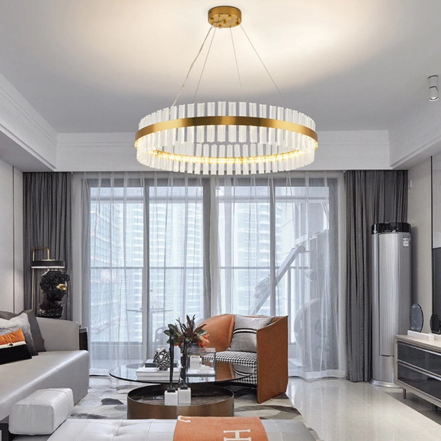 Đèn trần phòng khách pha lê hiện đại trang trí thả cao cấp, chung cư DT138 mạ vàng, đèn LED