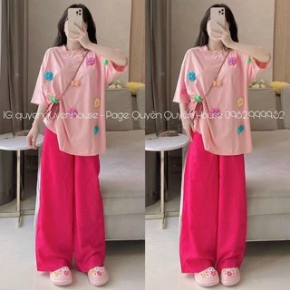 Set Bộ Nữ Cotton Quần Dài Ống Suông Đính Hoa Chất Vải Thoáng Mát Thấm Hút Mồ Hôi MinHouseHP01