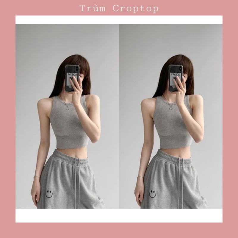 Áo Crotop 3 Lỗ Màu Xám , Croptop Thun Gân Phong Cách Hàn Quốc