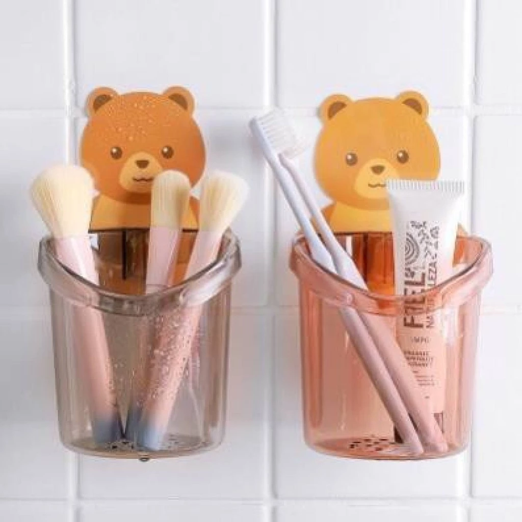 Combo 2 cái Cốc Gấu Dán Tường Để Bàn Chải Đánh Răng Hình Gấu Có Lỗ Thoát Nước Tiện Lợi