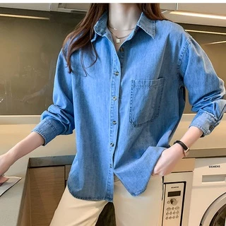 Áo sơ mi denim tay dài dáng rộng phong cách Hàn Quốc thời trang dành cho nữ