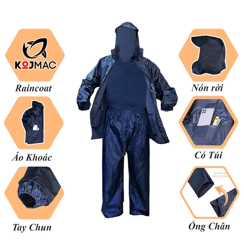 Bộ Quần Áo Mưa Cao Cấp KOJMAC Raincoat 1 Người Lớn ( Sỉ Có Túi Dây Khóa Kéo Vải Dù Dày Đi Xe Nam Nữ, aomua Có Túi )