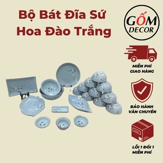 Bộ bát đĩa sứ Bát Tràng, bộ chén dĩa men xanh lam họa tiết hoa đào trắng 20 chi tiết siêu đẹp