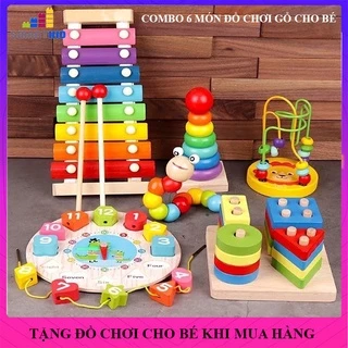 Combo 6 món đồ chơi gỗ lắp ráp ghép xếp mô hình khối, đồ chơi trẻ em cho bé gái, trai thông minh phát triển trí tuệ