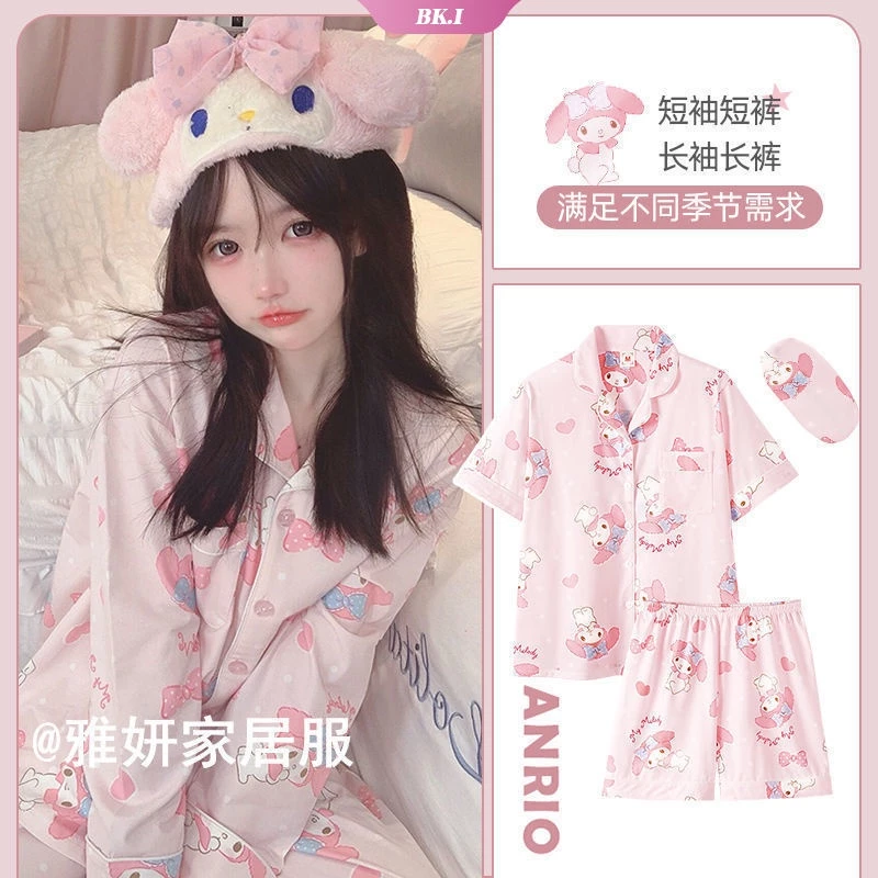 Bộ Đồ Ngủ Vải Cotton In Hoạt Hình Cinnamoroll My Melody Kuromi Dễ Thương Thời Trang Xuân Hè Cho Nữ