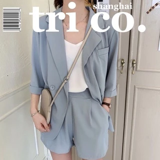 Trang phục áo khoác blazer + áo khoác vest + quần short ống rộng chống nắng thời trang xuân hè Hàn cổ điển cho nữ