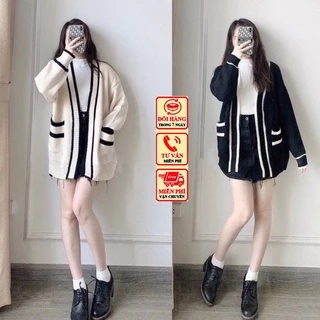 Áo Cardigan Len Viền Đen Trắng Dáng Dài 2 Túi Phong Cách Ulzzang Hàn Quốc Khoác Len Giũ Nhiệt nanganhchuyensi