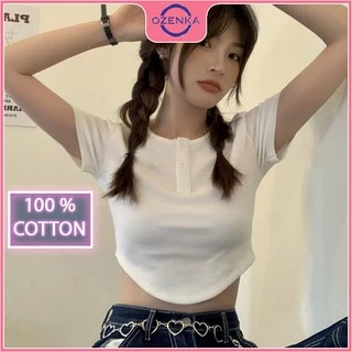 Áo croptop nữ cổ tròn khoét eo OZENKA , áo thun nữ kiểu crt ôm body tay ngắn thun gân 100% cotton màu đen trắng ghi hồng