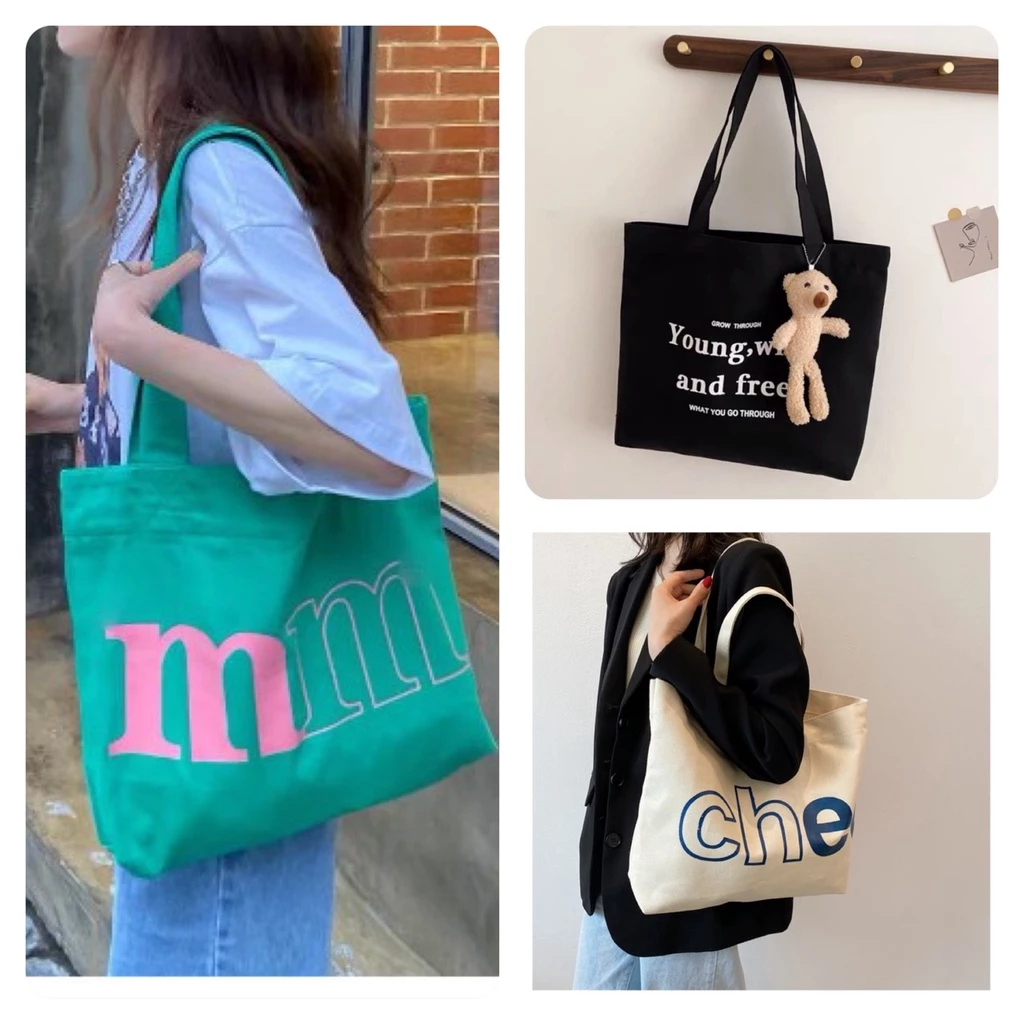 Túi tote vải canvas có túi nhỏ bên trong có khóa miệng ulzzang unisex nhiều mẫu