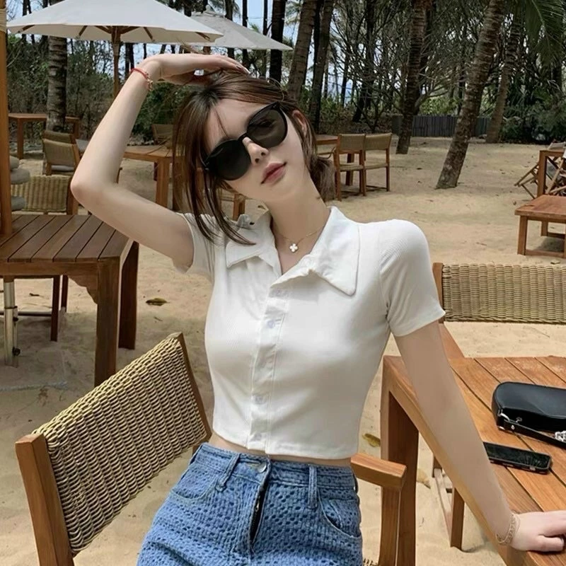 Áo Thun Croptop Thun Gân Cổ Sơ Mi Cúc Gài Thật