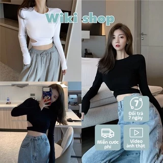 Áo croptop dài tay nữ khoét eo cut out Wikishop cổ tròn đen trắng freesize phom ôm basic sexy hàn quốc C703