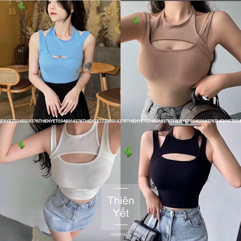 Áo 3 LỖ CẮT XẺ QT táo bạo hở ngực croptop thun gân cho Nữ - Thiên Yết