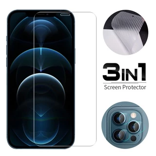 3 Trong 1 Kính cường lực + Miếng dán Cacbon + Kính Cường Lực Bảo Vệ Camera Sau Cho iPhone 11 12 13 14 15 Pro Max X XS XR 6 6S 7 8 Plus