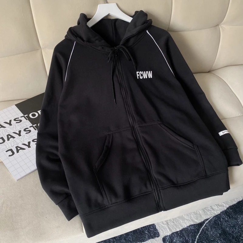 Áo Khoác Hoodie Unisex Zip Nỉ Bông FCWW màu ĐEN 🏁 Nam nữ unisex/Áo hoodie dây kéo nữ có mũ form rộng Jaystoree 🖤