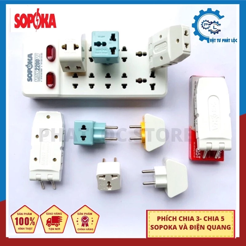 Phích cắm điện 1 ra 3 - Đầu chuyển đổi 2 thành 3 - Ổ cắm nối chia 5 ngã SOPOKA, OMINSU, ĐIỆN QUANG