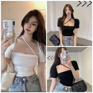 Áo kiểu croptop tay ngắn phối dây chéo cho nữ sexy