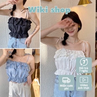 Áo 2 dây nữ dáng croptop đũi thắt nơ vai hở lưng đen trắng xanh freesize đi biển kiểu dáng hàn quốc hot trend Wikishop