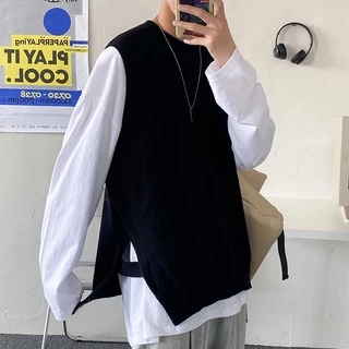 Áo gile len nam form rộng thời trang học sinh hàn quốc áo sweater len nam không tay xẻ tà bigsize thòi trang đi học 2021