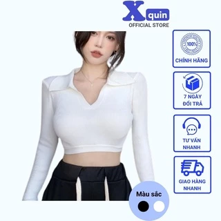 Áo croptop tay dài cổ bẻ Xquin, Áo kiểu nữ ôm body dài tay chất thun gân mềm mịn