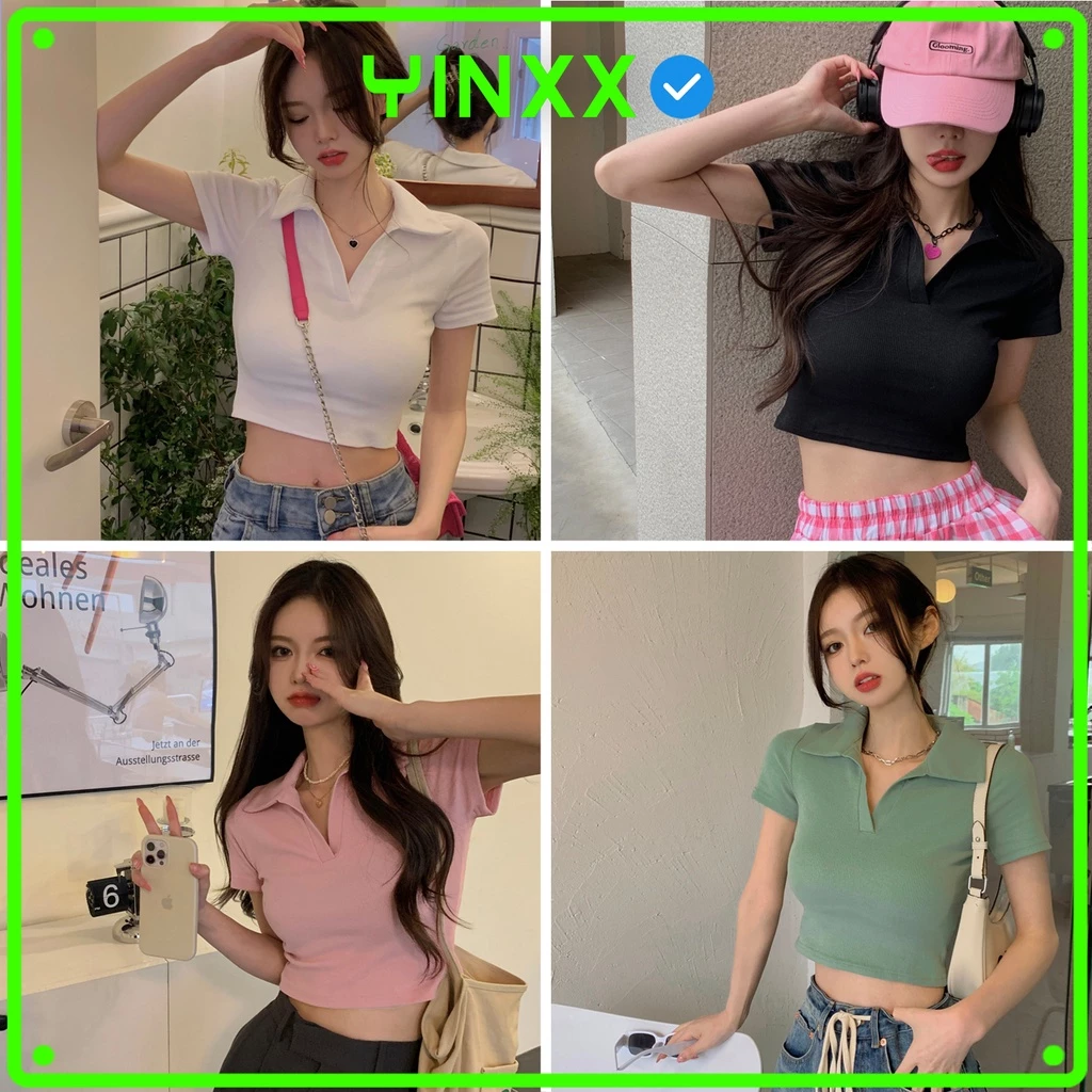 Áo croptop polo nữ có cổ Yinxx chất cotton co giãn kiểu dáng ôm body ATP03