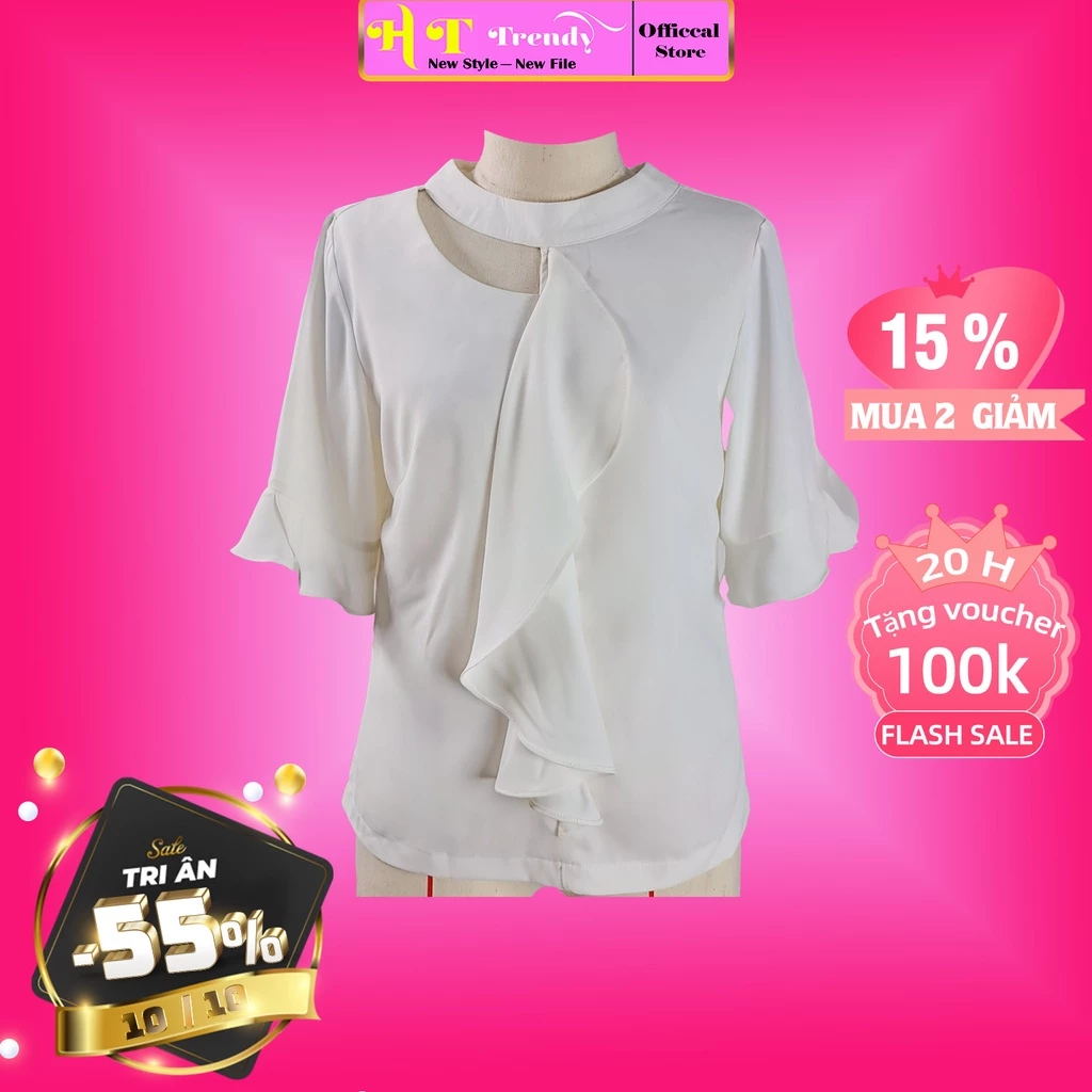 Áo sơ mi nữ tay ngắn cánh hoa trẻ trung kiểu công sở cổ tròn nửa hở vây cá ở ngực cao cấp thời trang thiết kế HT TRENDY