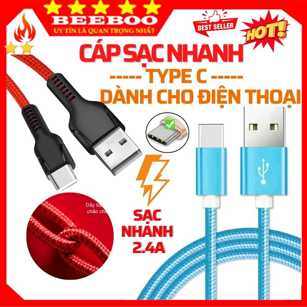Cáp sạc type c, Dây sạc type c thiết kế dây bện dù dài 1 mét và 3 mét cho điện thoại androi...